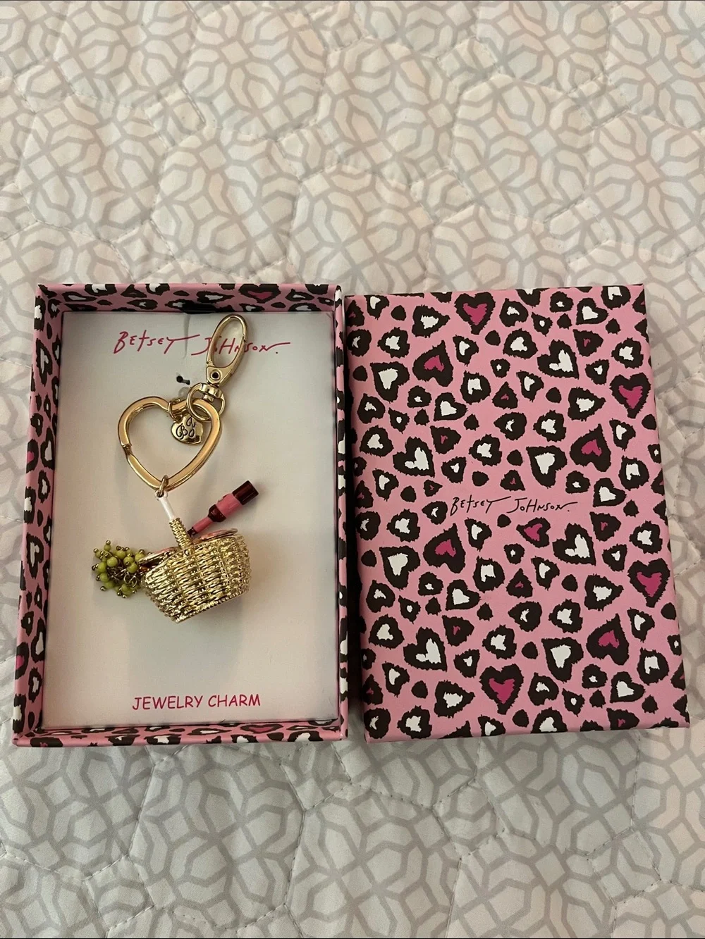 Betsey Johnson Pink Leopard Gift Boxed Picnic Basket  Bag Charm